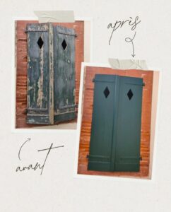 Rénovation de volets battants verts : avant et après avec texte manuscrit sur mur de briques.