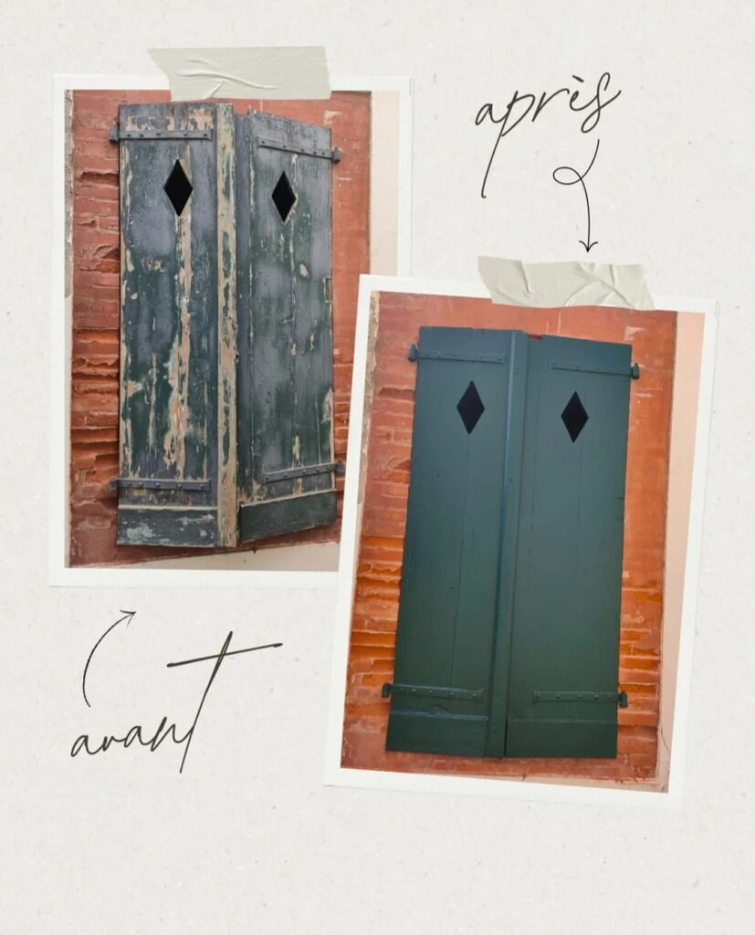 Rénovation de volets battants verts : avant et après avec texte manuscrit sur mur de briques.